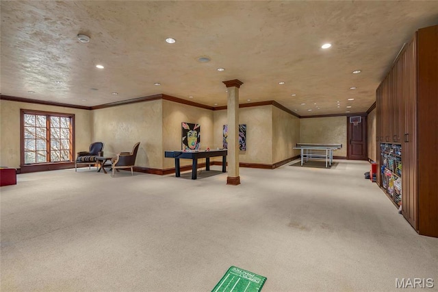 1290 Dry Ridge Rd, Town And Country, MO 63131 - game room with recessed lighting, carpet flooring, crown molding, and decorative columns
