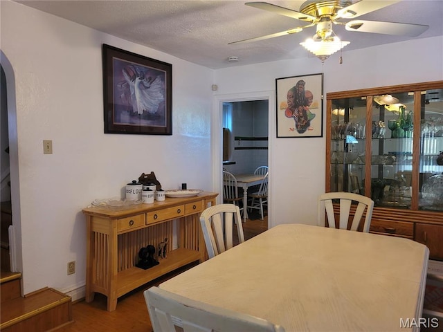 4877 Calvin Ave, Saint Louis, MO 63115 - dining room featuring arched walkways, ceiling fan, and wood finished floors