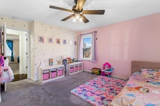 825 Cimarron Cir, Farmington, MO 63640 - bedroom featuring baseboards, carpet floors, and a ceiling fan
