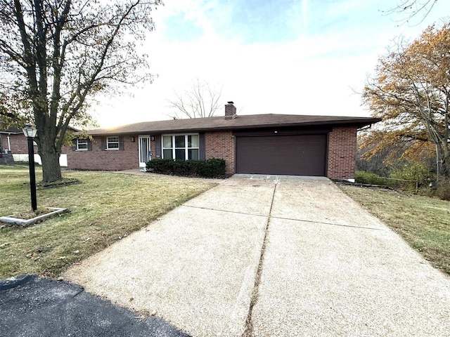 5011 Courtside Dr, Imperial, MO 63052 - ranch-style home with brick siding, a garage, a front yard, a chimney, and concrete driveway