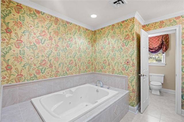 full bath with wallpapered walls, toilet, crown molding, a tub with jets, and baseboards