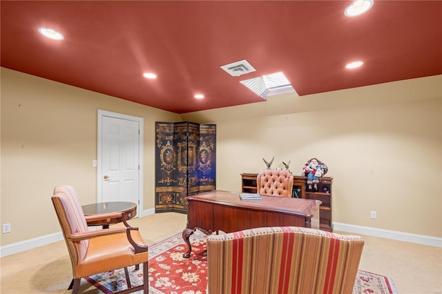 office with light colored carpet, recessed lighting, and baseboards