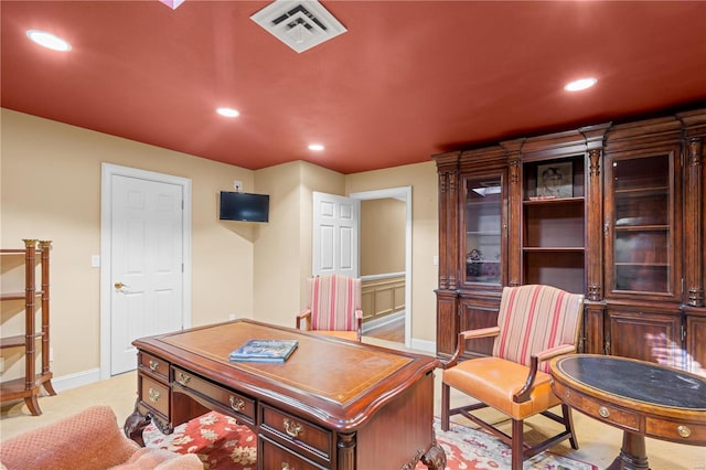 office area featuring recessed lighting, baseboards, and light colored carpet