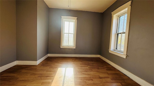 unfurnished room featuring healthy amount of natural light, baseboards, and wood finished floors