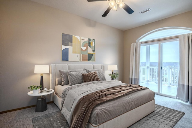 49 Aqua Finn Dr Unit 4A, Lake Ozark, MO 65049 - bedroom featuring carpet floors, access to outside, ceiling fan, and baseboards