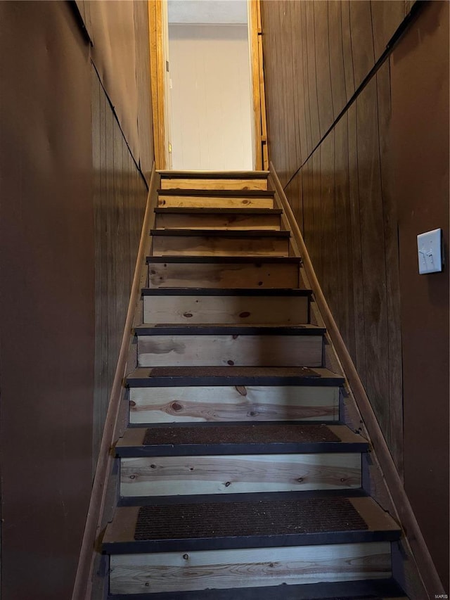 staircase with wood walls