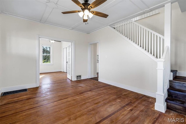 12449 Quarry Town Rd, Saint Genevieve, MO 63670 - unfurnished living room featuring ceiling fan, stairs, wood finished floors, and baseboards