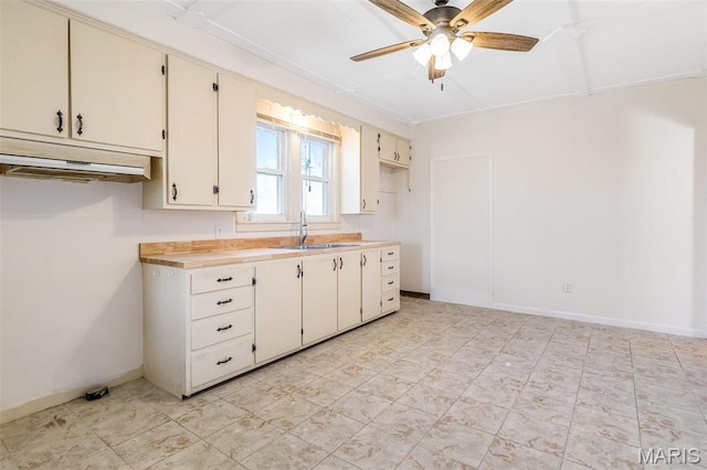 12449 Quarry Town Rd, Saint Genevieve, MO 63670 - kitchen featuring a sink, range hood, ceiling fan, light countertops, and baseboards