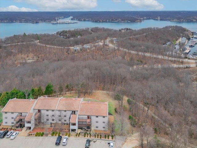 drone / aerial view of a large body of water and a heavily wooded area