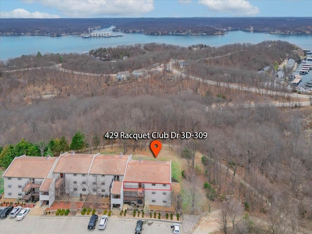 bird's eye view of a large body of water and a heavily wooded area