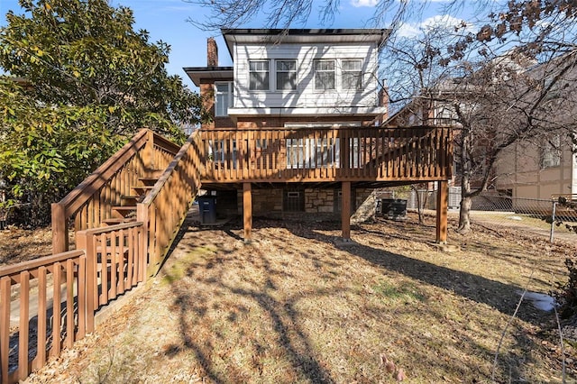 6954 Kingsbury Blvd, University City, MO 63130 - back of property featuring fence, a deck, cooling unit, stairway, and a chimney