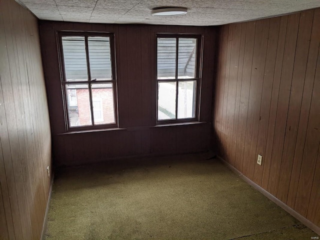 unfurnished room with healthy amount of natural light, wooden walls, light colored carpet, and baseboards
