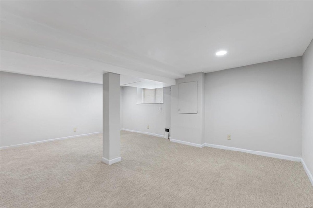 4361 Laclede Ave, Saint Louis, MO 63108 - finished basement with light colored carpet, baseboards, and recessed lighting