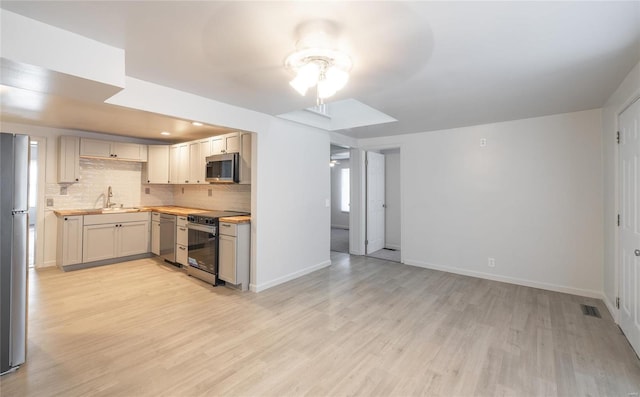kitchen with stainless steel appliances, backsplash, light wood-type flooring, and ceiling fan