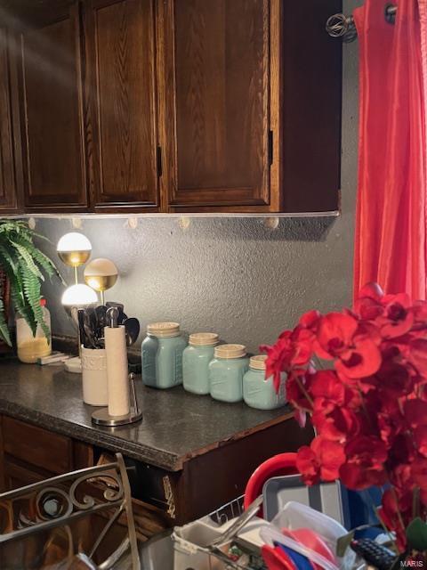 kitchen featuring dark countertops and dark brown cabinetry