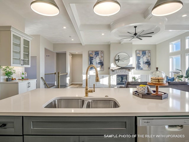 428 Hayden Dr, Waterloo, IL 62298 - kitchen featuring a sink, dishwasher, open floor plan, light countertops, and coffered ceiling