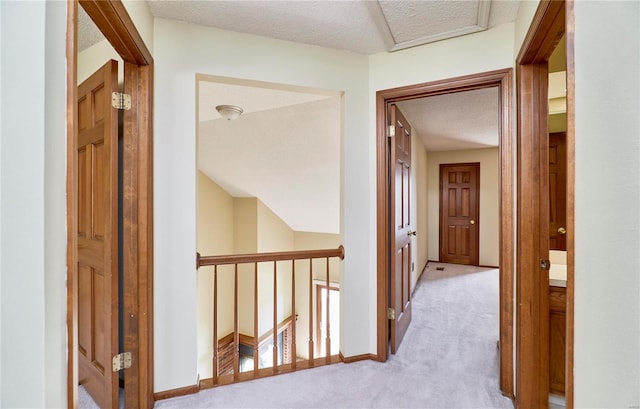 corridor with carpet floors and a textured ceiling