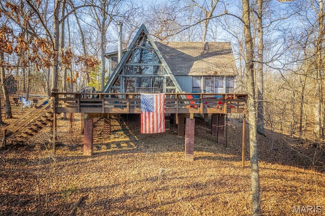 451 Foxfire Point Dr, Wright City, MO 63390 - rear view of property with a wooden deck, a shingled roof, and stairs