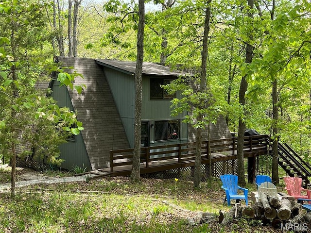 451 Foxfire Point Dr, Wright City, MO 63390 - back of property featuring a deck and stairway