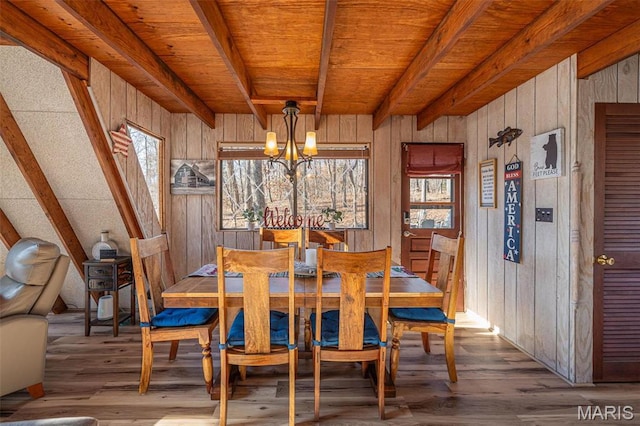 451 Foxfire Point Dr, Wright City, MO 63390 - dining area with wood walls, a chandelier, wood finished floors, plenty of natural light, and a wood ceiling with exposed beams