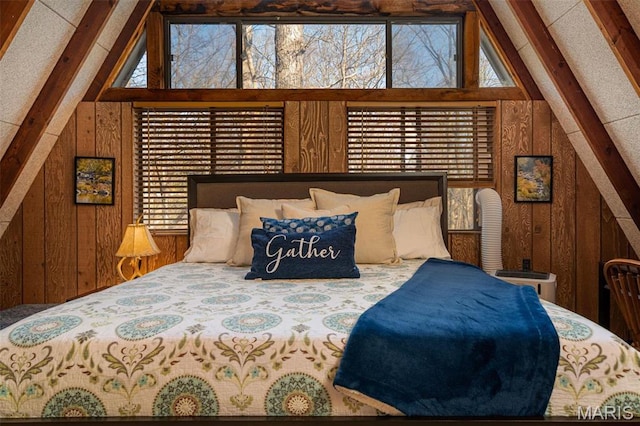 451 Foxfire Point Dr, Wright City, MO 63390 - bedroom featuring wood walls, beam ceiling, and high vaulted ceiling