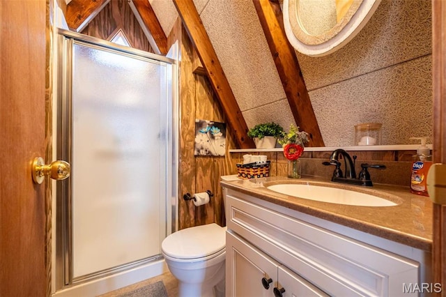 451 Foxfire Point Dr, Wright City, MO 63390 - bathroom with vanity, a stall shower, and lofted ceiling