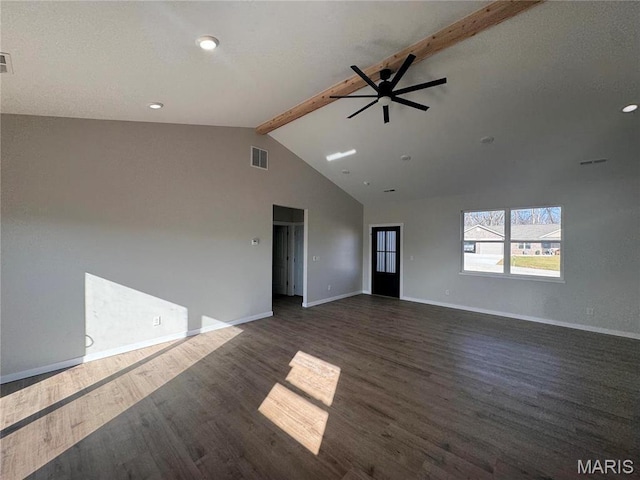 unfurnished living room with beamed ceiling, dark wood-style floors, baseboards, ceiling fan, and high vaulted ceiling
