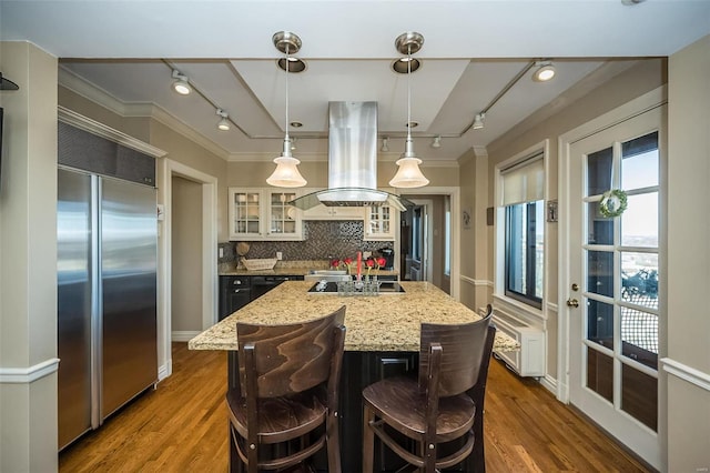 kitchen with built in refrigerator, island exhaust hood, crown molding, rail lighting, and glass insert cabinets