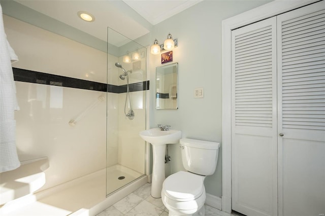 bathroom with marble look tile flooring, walk in shower, toilet, a closet, and baseboards