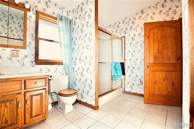 26 Gap Rd, Tunas, MO 65764 - full bath with wallpapered walls, a stall shower, tile patterned floors, toilet, and vanity