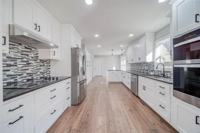kitchen with under cabinet range hood, appliances with stainless steel finishes, a sink, decorative backsplash, and recessed lighting