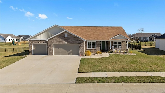 view of front facade featuring an attached garage, concrete driveway, brick siding, and a porch