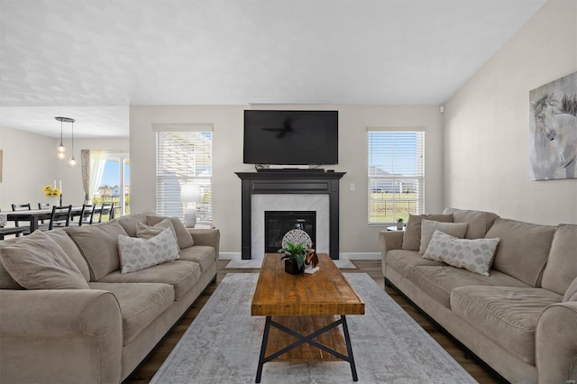living area featuring healthy amount of natural light, dark wood-type flooring, and a high end fireplace