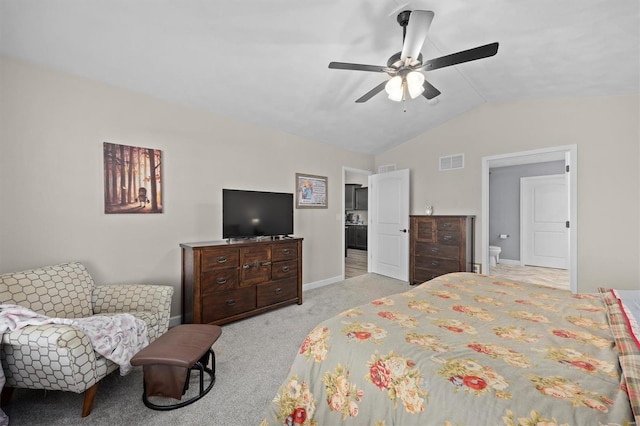 bedroom featuring lofted ceiling, light colored carpet, baseboards, and ceiling fan