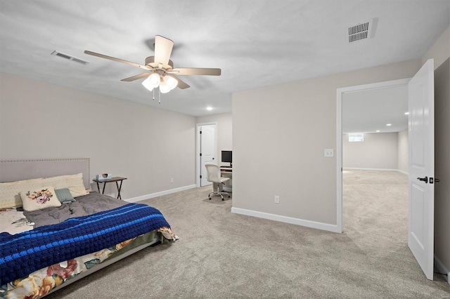 carpeted bedroom with an office area, baseboards, recessed lighting, and a ceiling fan