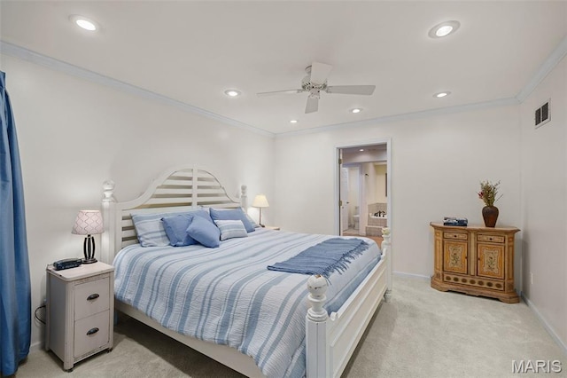 729 W Lockwood Ave, Saint Louis, MO 63122 - bedroom featuring light carpet, ornamental molding, recessed lighting, ensuite bath, and a ceiling fan