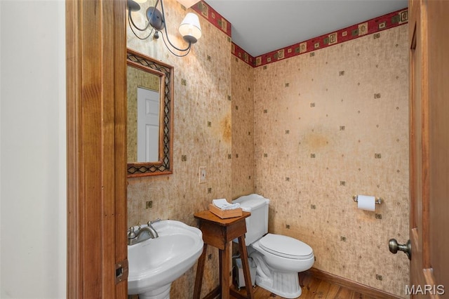729 W Lockwood Ave, Saint Louis, MO 63122 - bathroom featuring wood finished floors and wallpapered walls