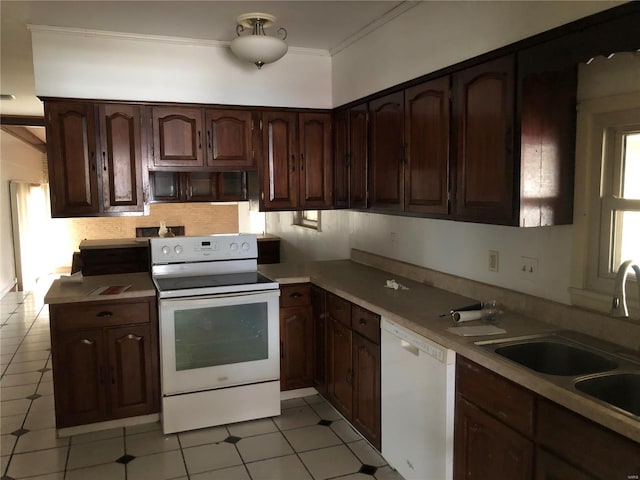 kitchen with white appliances, a sink, ornamental molding, dark brown cabinets, and light countertops