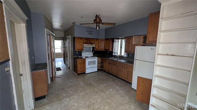 12532 Bellefontaine Rd, Saint Louis, MO 63138 - kitchen featuring white appliances, a sink, a ceiling fan, brown cabinetry, and under cabinet range hood