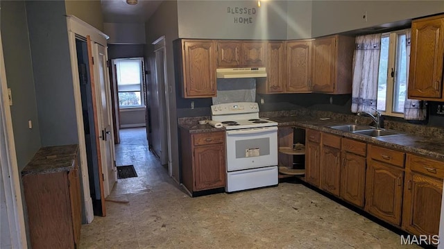 12532 Bellefontaine Rd, Saint Louis, MO 63138 - kitchen featuring electric stove, a sink, under cabinet range hood, and dark countertops