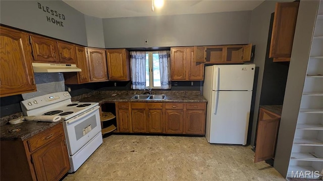 12532 Bellefontaine Rd, Saint Louis, MO 63138 - kitchen featuring white appliances, under cabinet range hood, a sink, and dark countertops