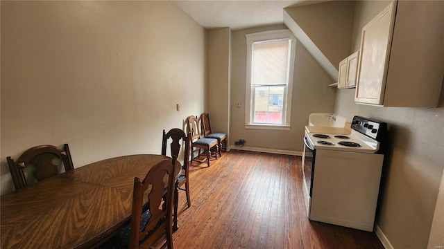 1412 Benton St, Saint Louis, MO 63106 - kitchen with white electric range, vaulted ceiling, dark wood-type flooring, and baseboards