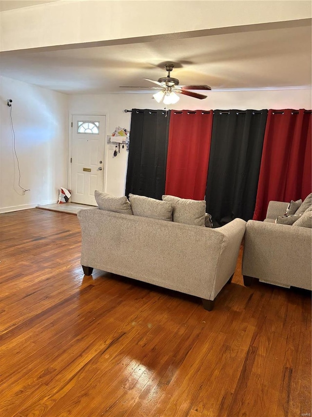 10356 Saint Matthew Ln, Saint Ann, MO 63074 - living room with dark wood finished floors, a ceiling fan, and baseboards