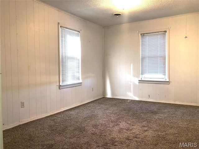 1210 N Prairie, Bloomfield, MO 63825 - carpeted empty room featuring ornamental molding, wood walls, and a textured ceiling