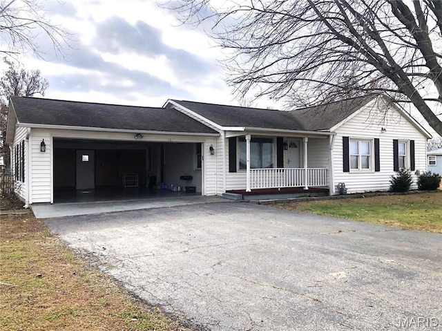 1210 N Prairie, Bloomfield, MO 63825 - ranch-style house with a porch, asphalt driveway, a garage, and a shingled roof