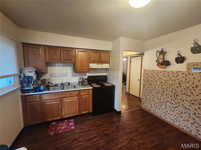 11665 Larimore Rd, Saint Louis, MO 63138 - kitchen with electric range, under cabinet range hood, a sink, dark wood-type flooring, and backsplash