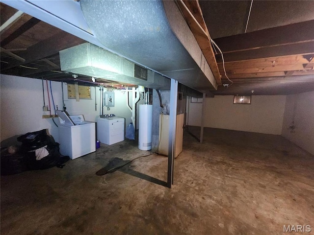 11665 Larimore Rd, Saint Louis, MO 63138 - unfinished below grade area with gas water heater, washing machine and clothes dryer, heating unit, and electric panel