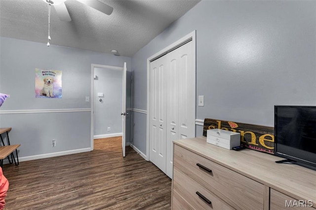 216 Sherrie Dr, Sikeston, MO 63801 - interior space with dark wood finished floors, a closet, a textured ceiling, and a ceiling fan
