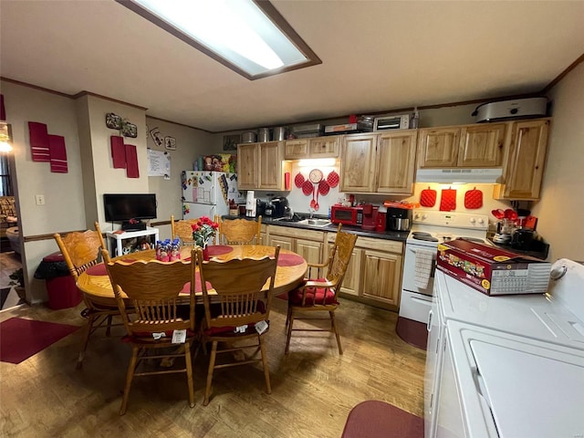 221 N 3rd St Unit 221, Louisiana, MO 63353 - kitchen featuring white appliances, under cabinet range hood, light wood-type flooring, crown molding, and dark countertops