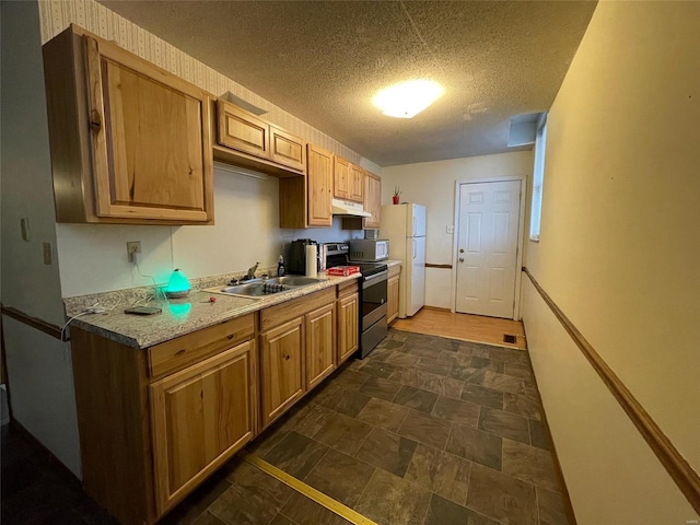 221 N 3rd St Unit 221, Louisiana, MO 63353 - kitchen featuring white appliances, a sink, dark stone finish floors, a textured ceiling, and under cabinet range hood